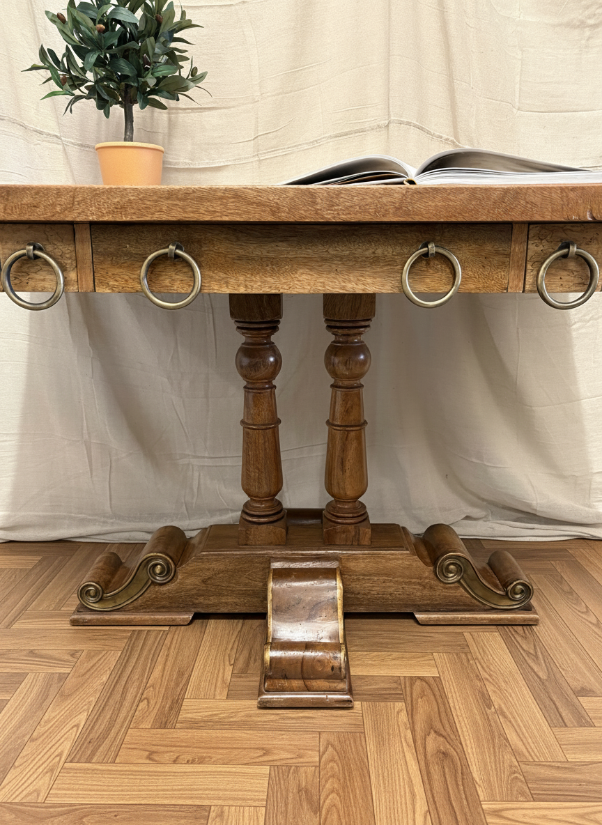 Quality made mango wood hall console table, three drawers with large hooped pulls & decorative base