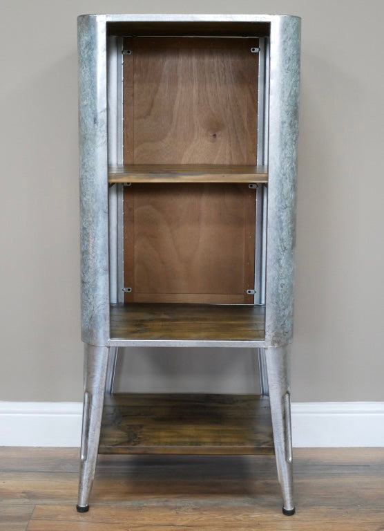 French Tolix Style Industrial Metal storage unit side table with wooden shelves