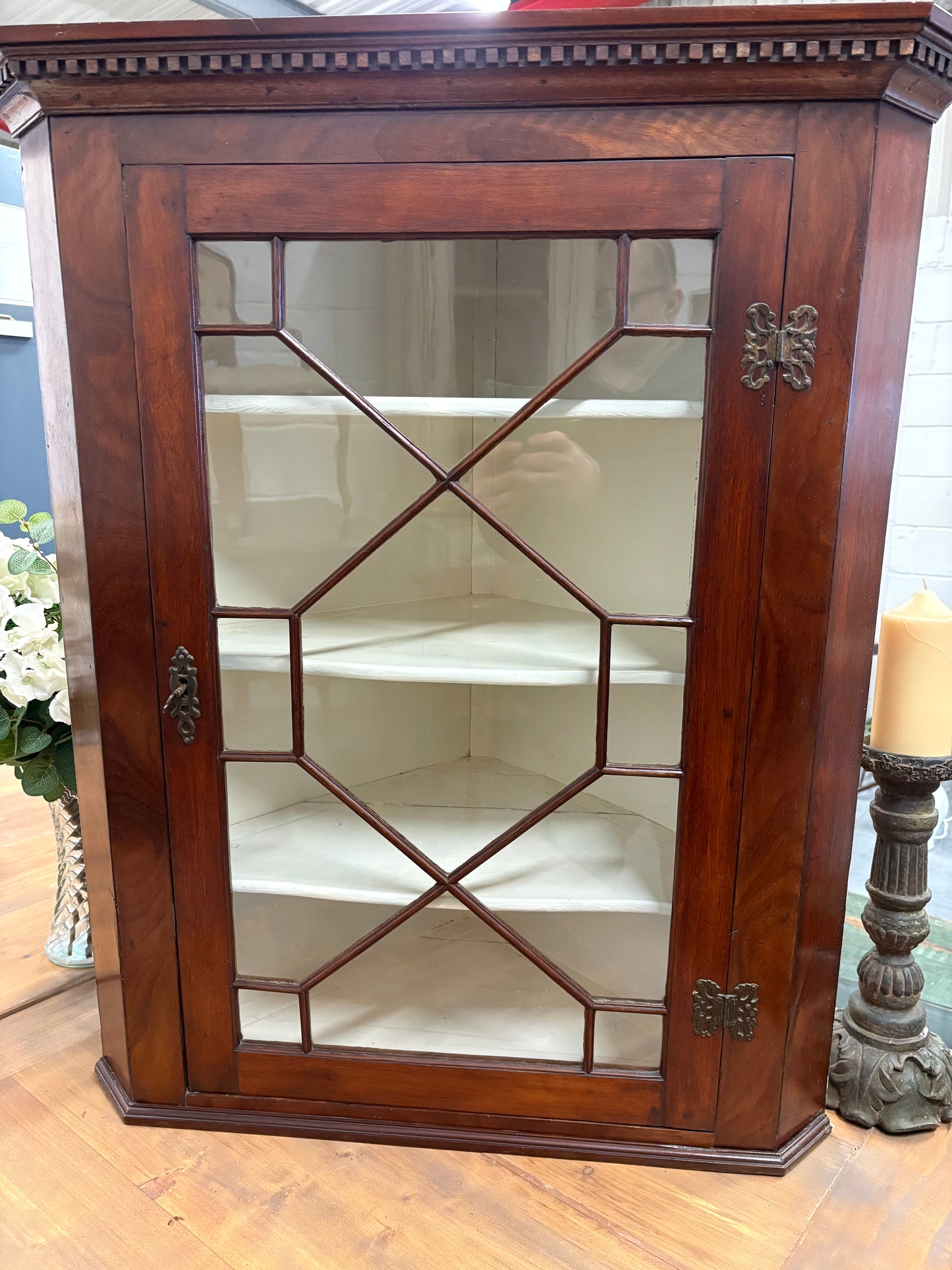 Antique Glazed Corner Wall Unit with Locking key Painted inside