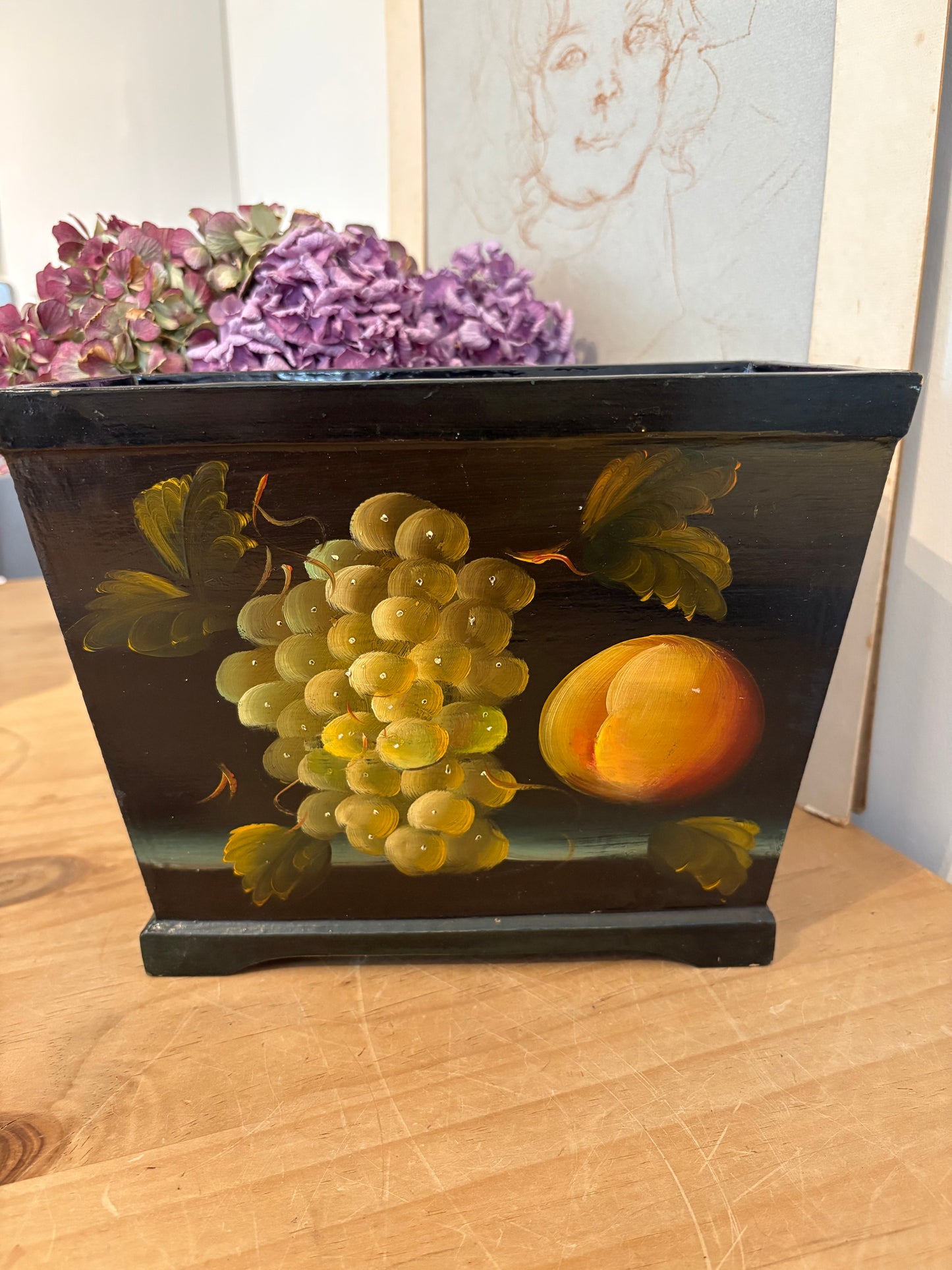 Vintage hand painted fruit design wooden trough faux flowers plants