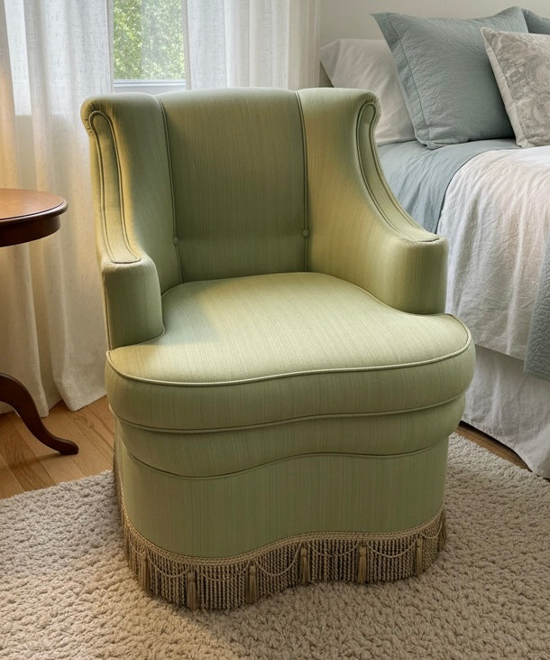 Mid century French pale Green upholstered tassel trimmed boudoir bedroom chair ￼