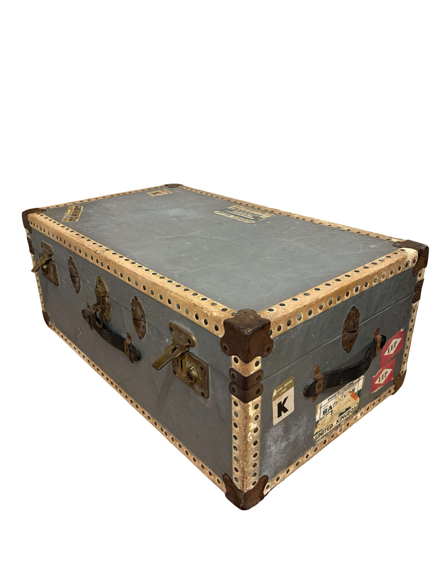 Vintage travel trunk with old labels fab coffee table / storage clean inside