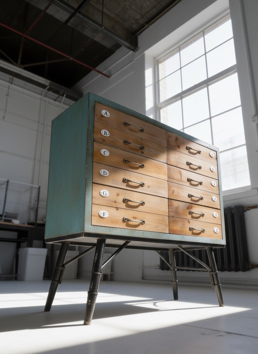 Retro styled chest of 6 drawers part painted Aqua & natural wood finish