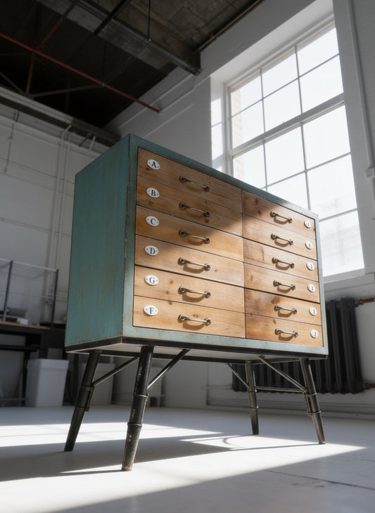 Retro styled chest of 6 drawers part painted Aqua & natural wood finish