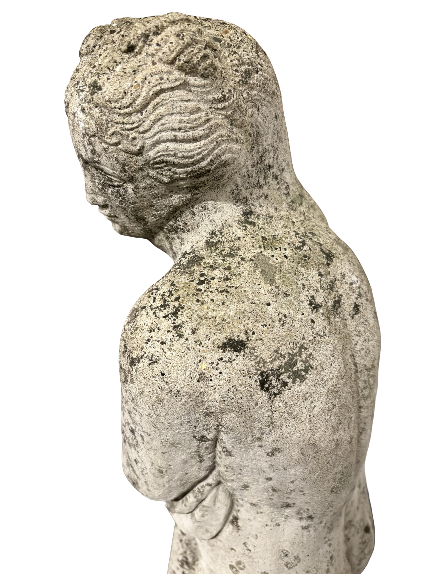 Weathered Antique Stone Shy Maiden Statue on pedestal