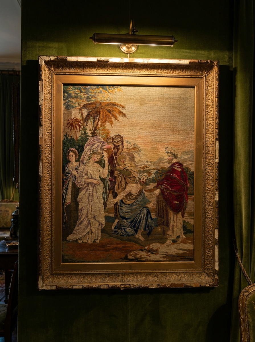 Impressive Large 19th Century Needlepoint Tapestry Biblical Religious scene Gilt Frame