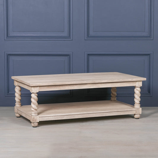 Acacia wood twist column leg coffee table with undershelf