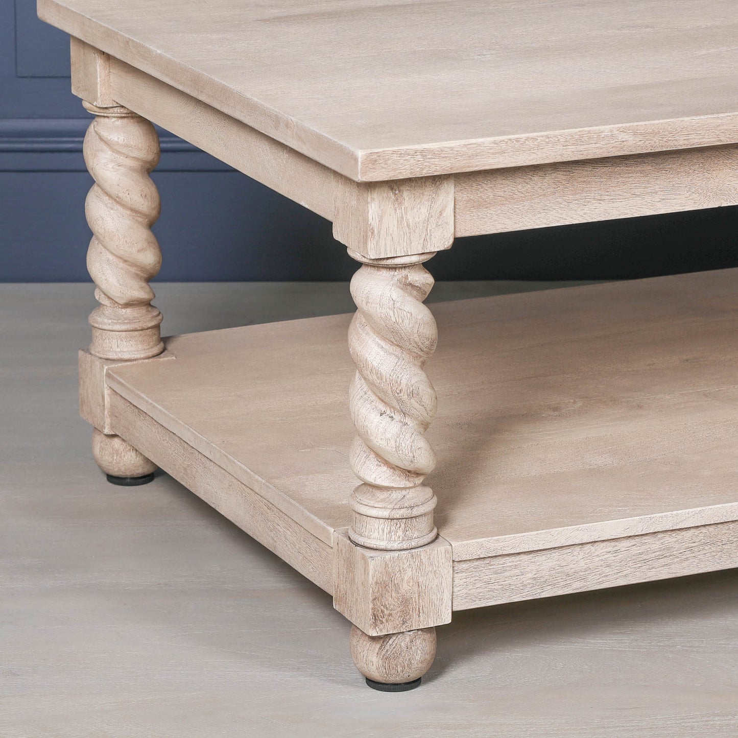 Acacia wood twist column leg coffee table with undershelf