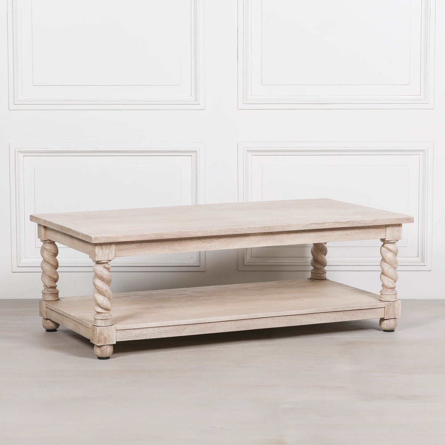 Acacia wood twist column leg coffee table with undershelf