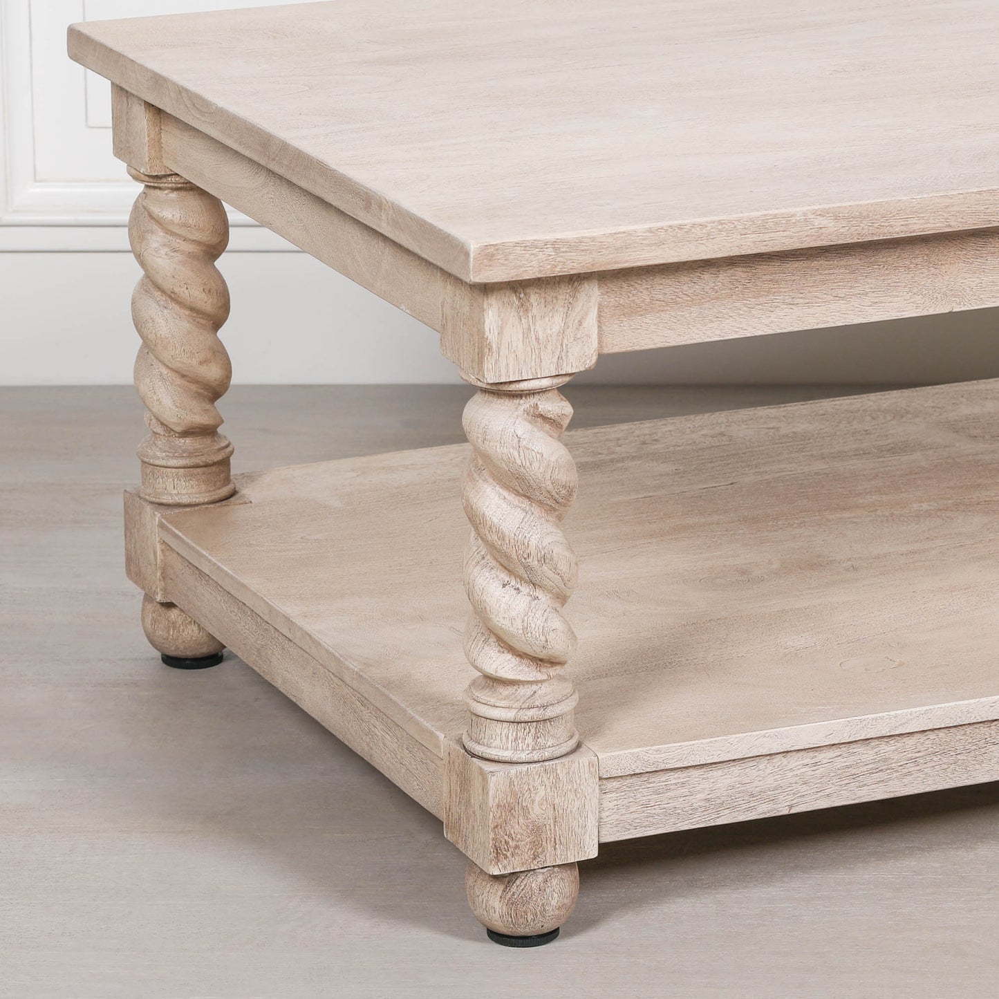 Acacia wood twist column leg coffee table with undershelf