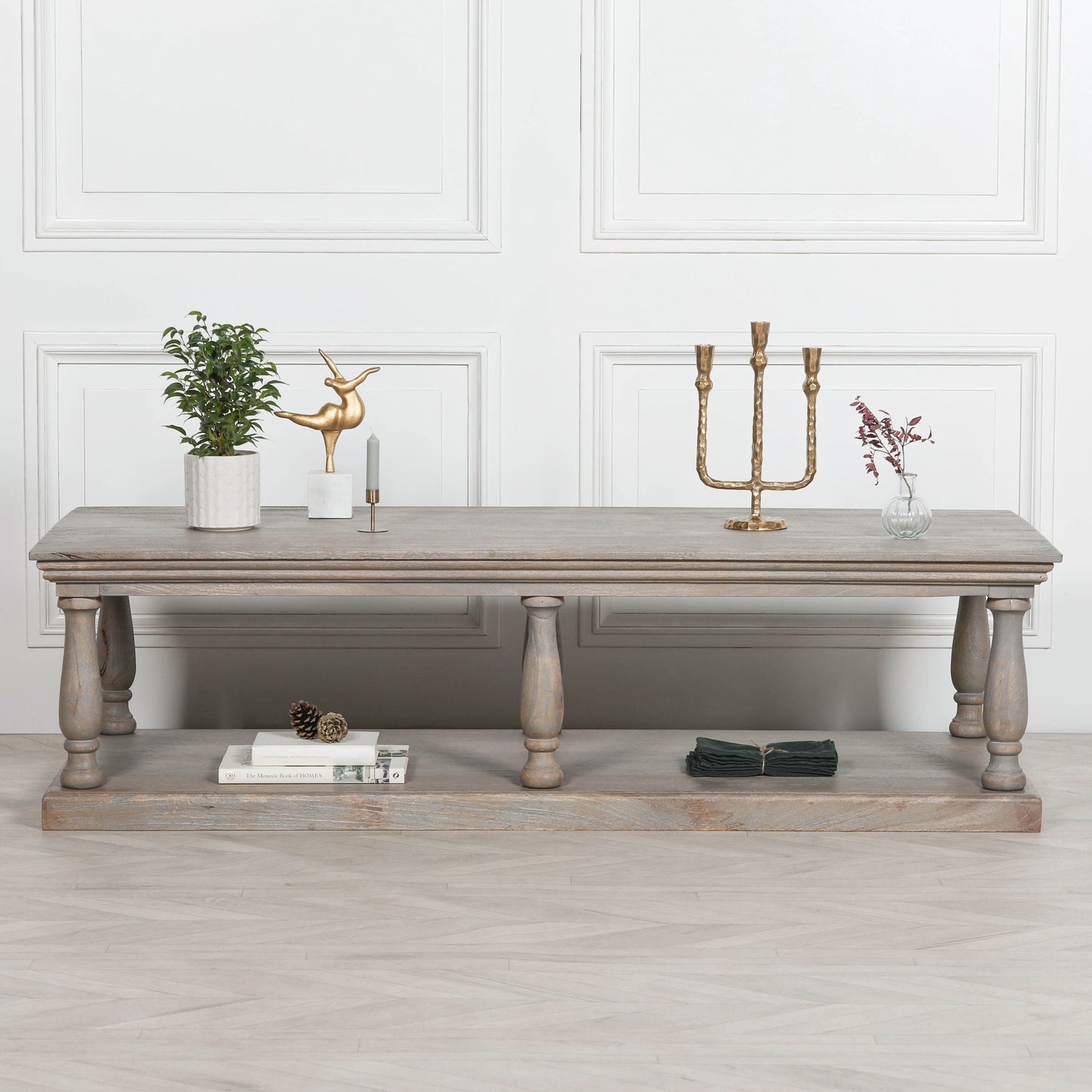 Rustic Mango wood column leg coffee table with undershelf