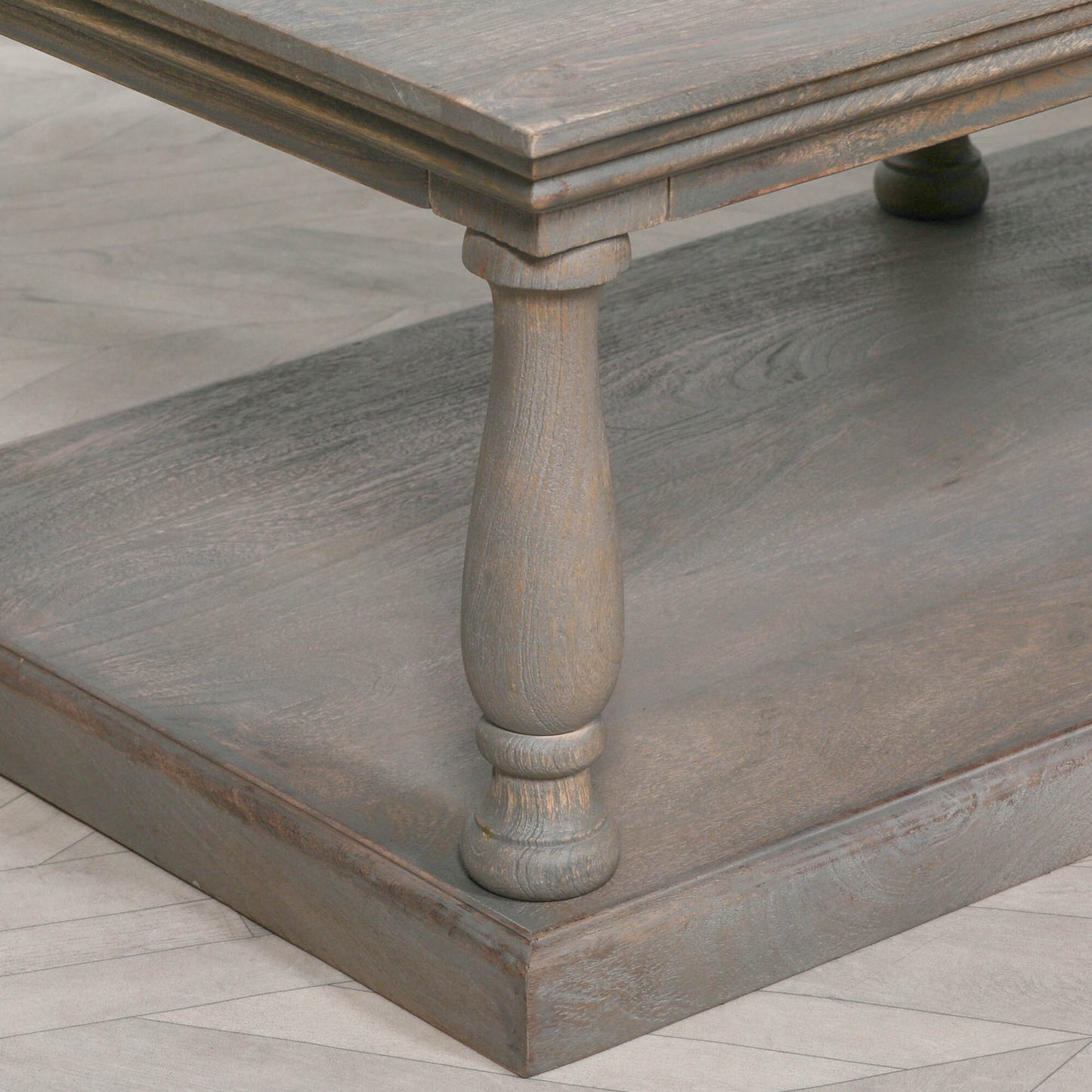 Rustic Mango wood column leg coffee table with undershelf