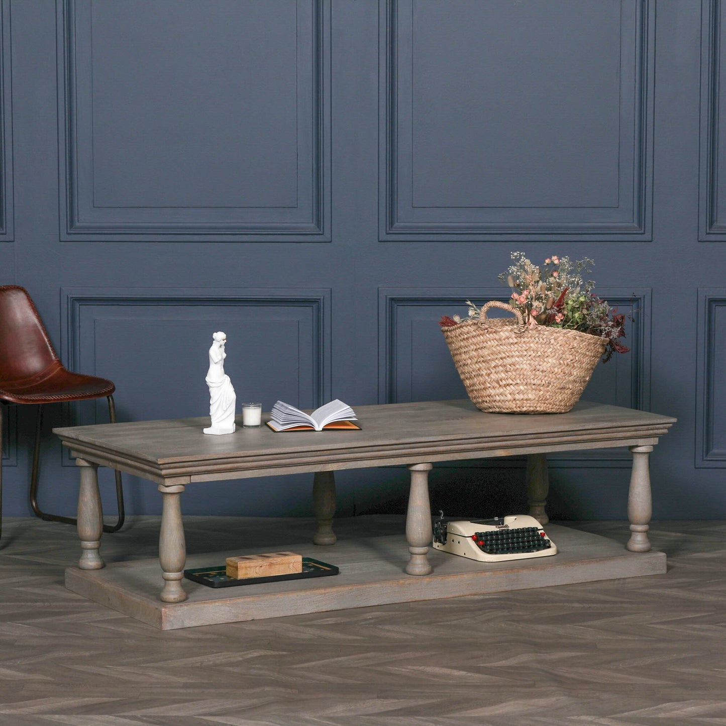 Rustic Mango wood column leg coffee table with undershelf