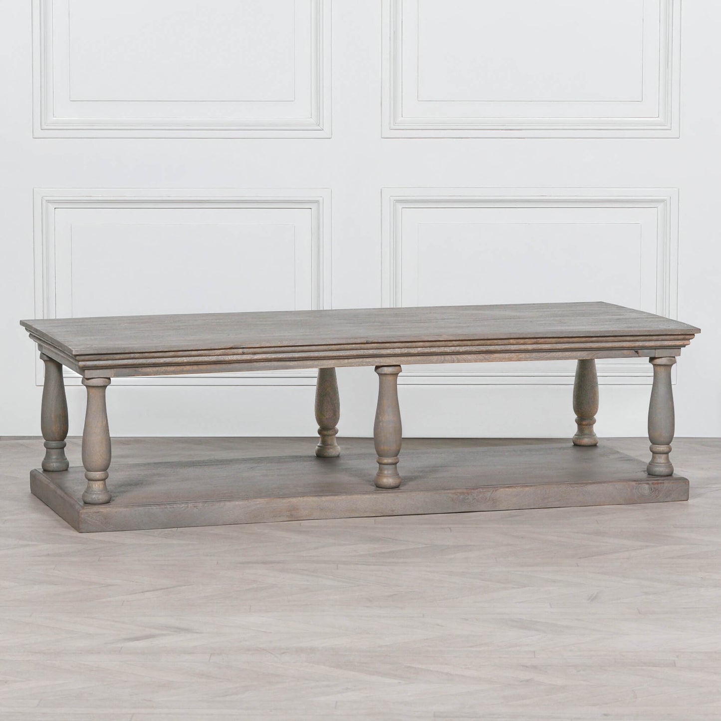 Rustic Mango wood column leg coffee table with undershelf
