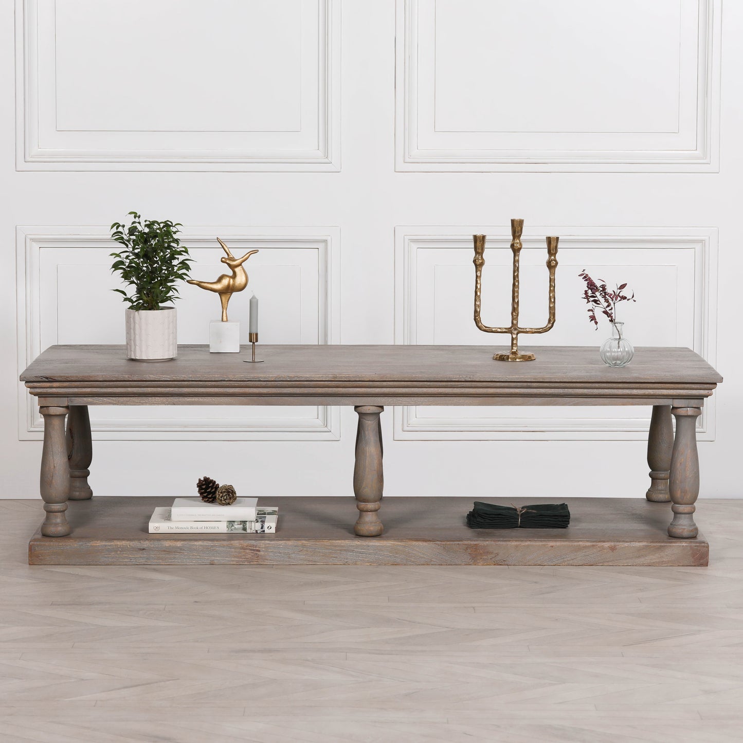 Rustic Mango wood column leg coffee table with undershelf
